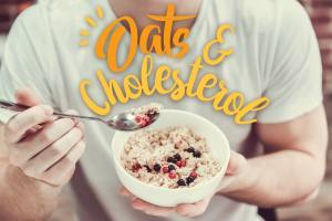 A person eating a bowl of oats with berries. The text 'Oats & Cholesterol' is overlayed.