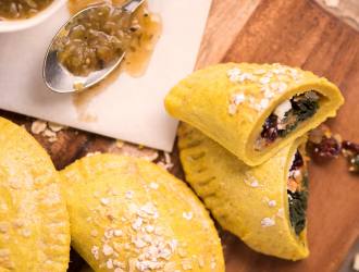 Oat empanadas filled with sweet and savory chard filling