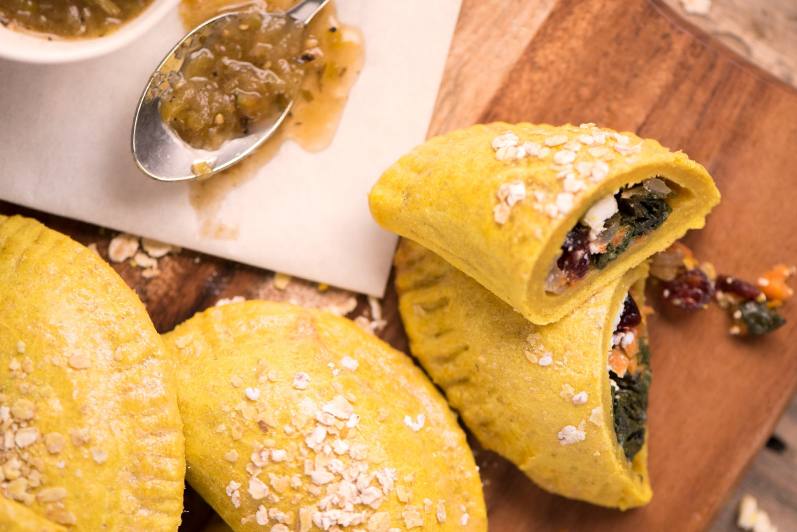 Oat empanadas filled with sweet and savory chard filling